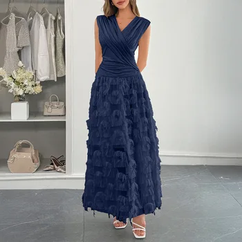 New Arrivals Women's Maxi Spliced A-line Wedding Dress Elegant Resort Chic V-Neck Ruched Texture Panel Dress for Summer
