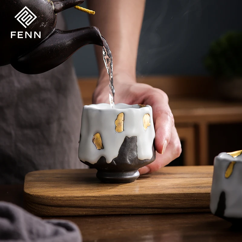 FENN Japanese teacup ceramic coffee cup irregular edge feature design cups body variety of Luxury grey with golden tea cups