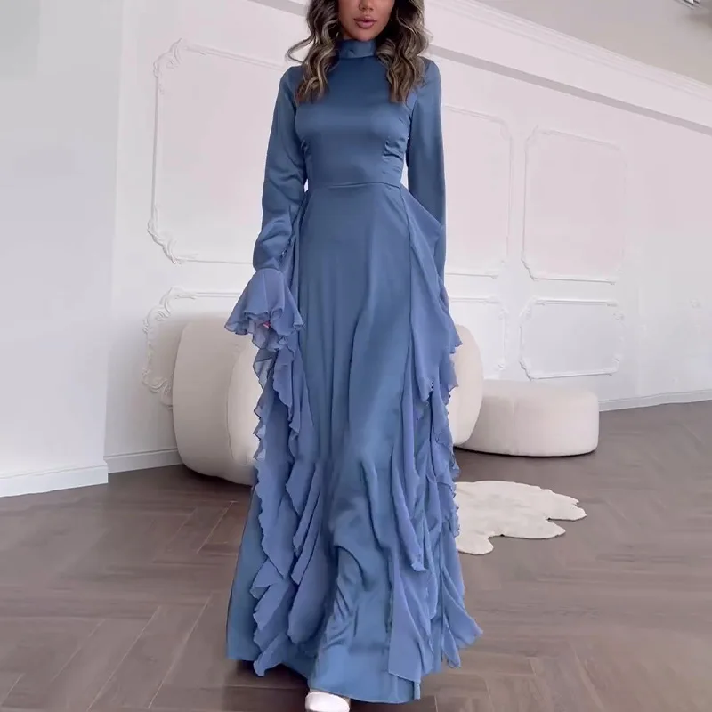 Autumn Fashion Stringy Selvedge Flared Long Sleeve Dress White O Neck High  Waist Dinner Gown Party Vestidos Women's Long Dresses