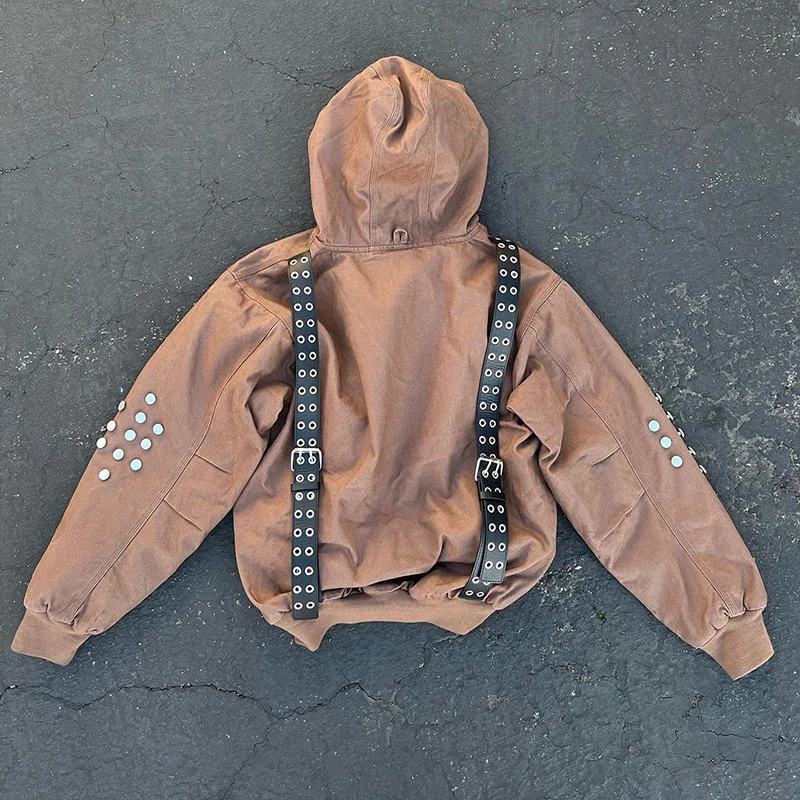 Customized Heavy Fabric Unisex Oversize Acid Washing Effect Button Belt Trim Terry Vintage Casual Hoodie gallery 8