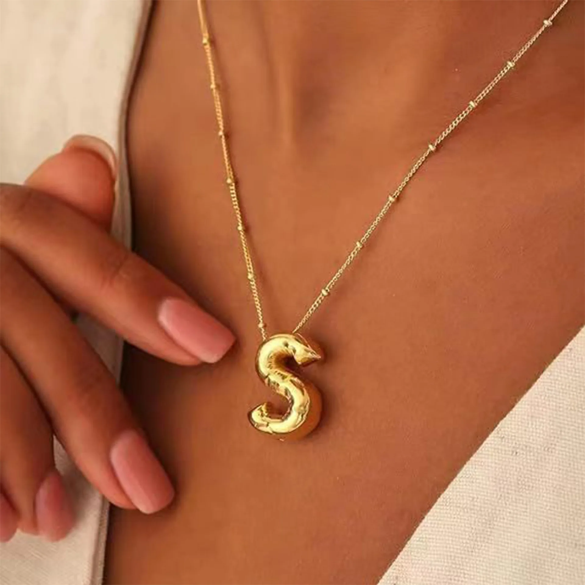 Rinhoo Gold Bubble Initial Letter Pendant Necklace Chunky Alphabet Chubby Helium Balloon INS New Fashion Necklace for Women Boy