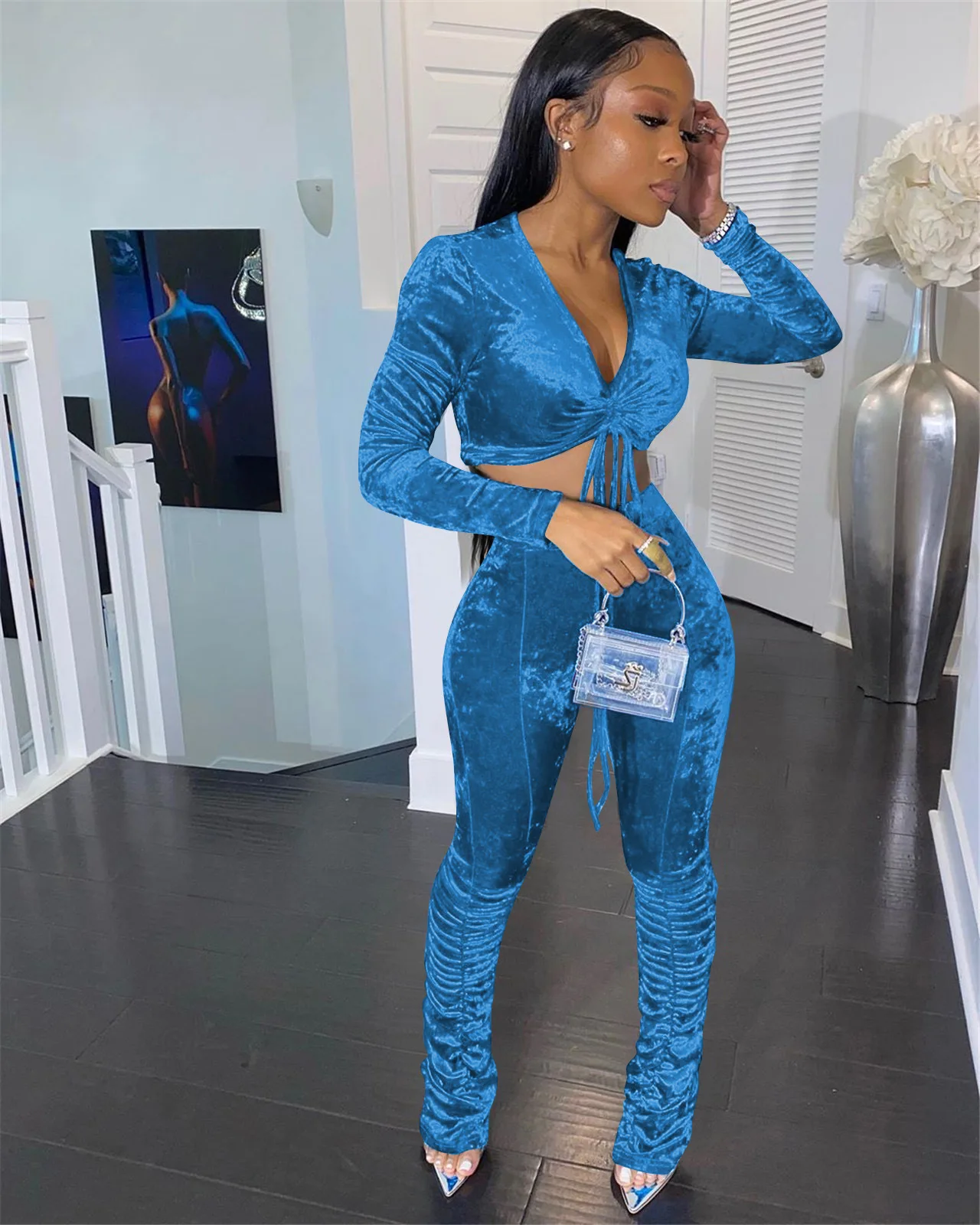 Women Velvet Tracksuit Deep V Neck Long 