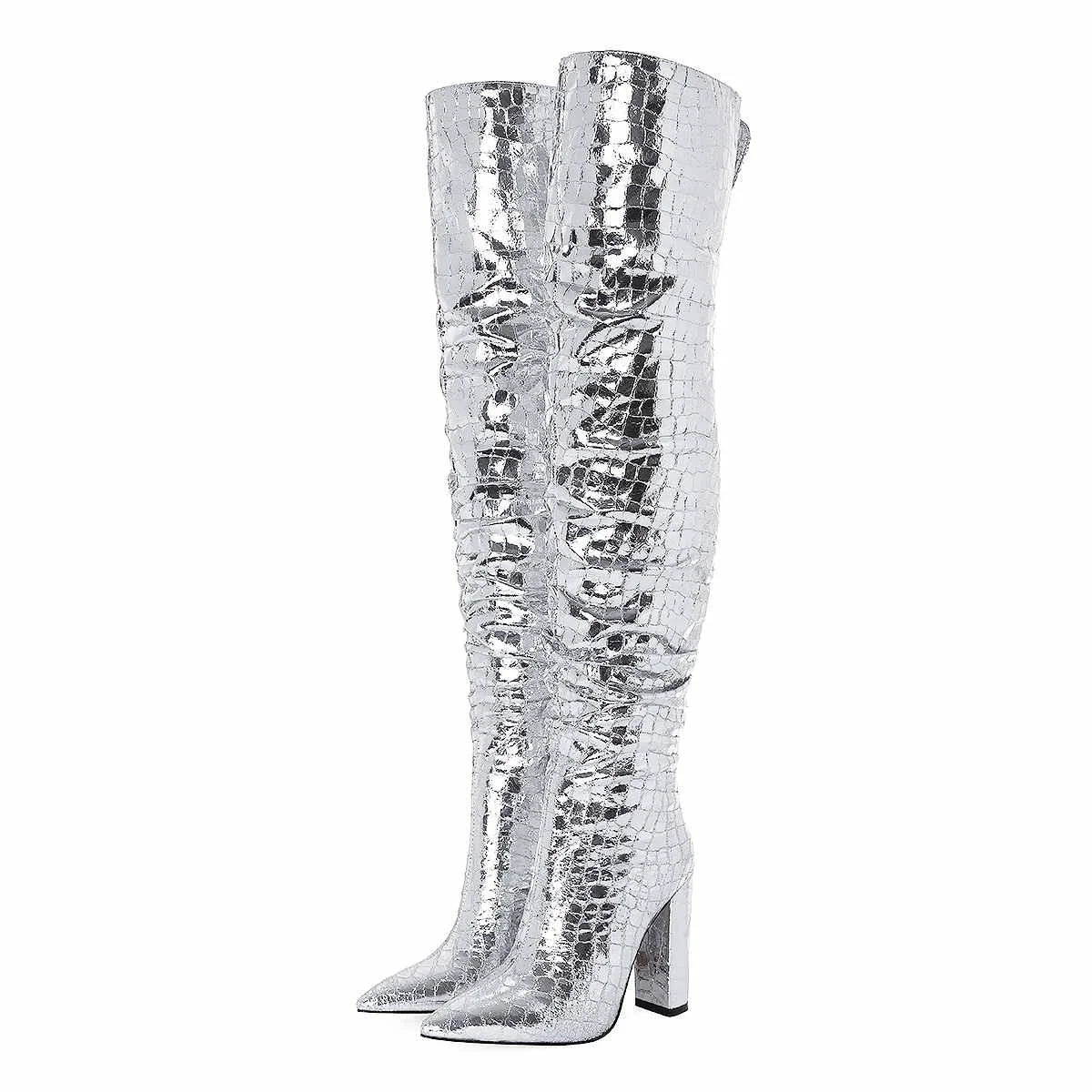 Fashion Silver Metallic PU Women's Winter Over-the-Knee Boots