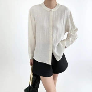 Custom Women's Solid Color Stand Collar Shirt with Long Sleeve