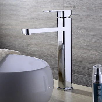 Chrome Bathroom Wash Basin Faucet Long Water Spout Deck Mounted Water Saving Square Cold Tap