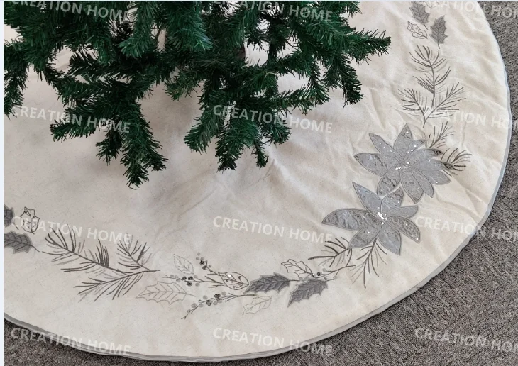 New Design Faux Linen Base Embroidery Applique Leaves Led Decorative Round 18inch Christmas Tree