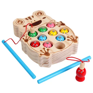 Wholesale Wood Frog Colorful Fishing Games Customized Educational Teaching AIDS Wood Fishing Toys for Kids Boys and Girls