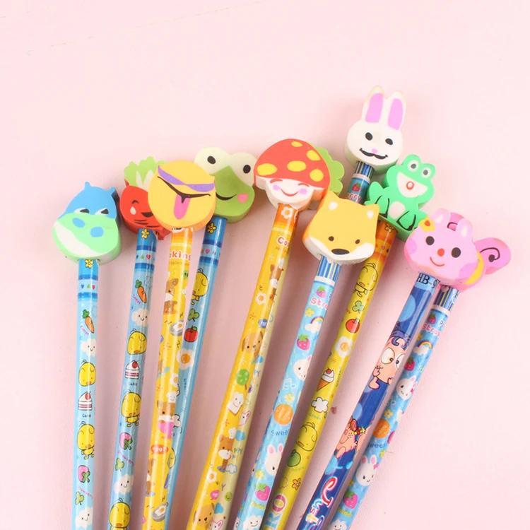 Low Moq Custom Engraved Printed Round Wooden Pencil With Animal Eraser Kawaii Kids Fancy Cartoon Pencils Sets for Children