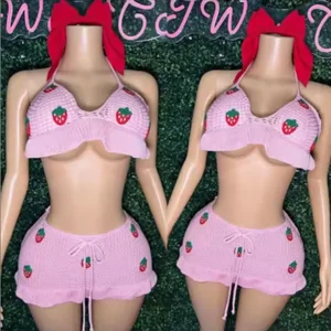 JY Z702ST Strawberry Sweet Beach Halter Backless Camis+Short Skirts 2 Piece Skirt Sets Hook Flower Hollow Out Setting