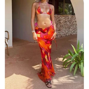 Ladies New Floral Spandex/Nylon High Waist Anti-Bacterial 3 Piece Bikini Set with Removable Cover up Beachwear