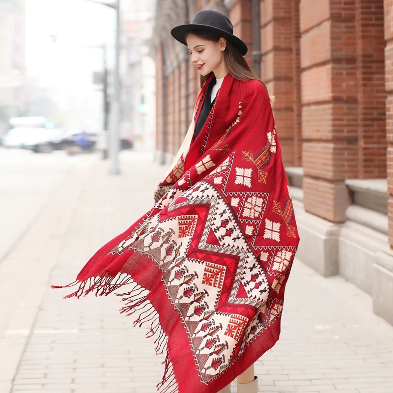 Red Geometric Design Merino Wool Extra Large Scarf Shawl Wrap for Women Winter Oversized Floral Blanket