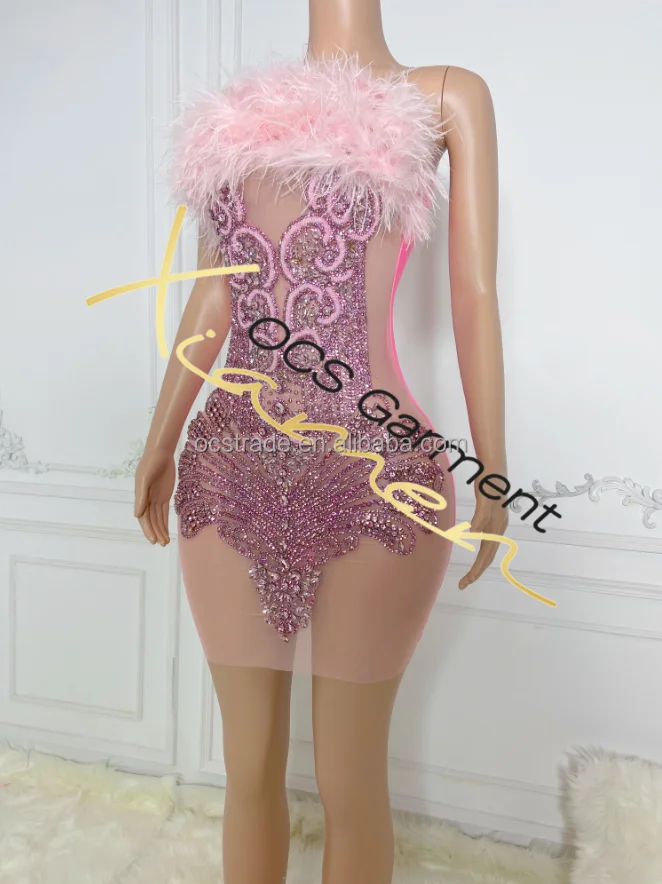 Ocstrade Vestidos Pink Feather Club Dress Rhinestone Mini Party Dresses  Glittering Diamonds Crystal Birthday Dress for Women