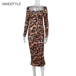 Long Sleeve Fashionable Leopard Print Slim Dress Slits Knee-Length Woven Breathable Floral Pattern Draped Decoration for Summer