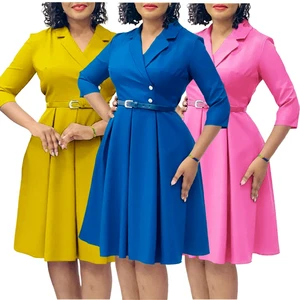 D3287 Latest Design Autumn Dress Women Casual Solid Color Suit Collar Three-quarter  Sleeve A-line Ladies Office Dress for Women