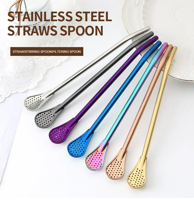 New 304 Steel Metal Drinking Straw Spoon Shaped Coffee Straw B4S0