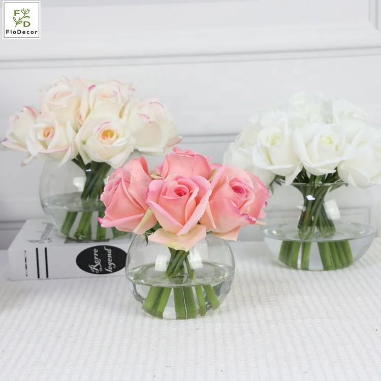 High Quality Customized Artificial Real Touch Rose Flower Floral Arrangement with Globe-shaped Vase and Resin Water