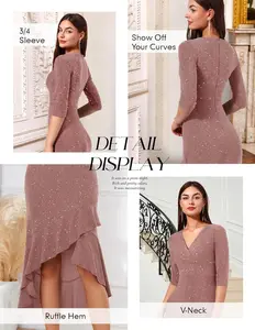 Women's Natural A-Line Shiny V-Neck 3/4 Sleeve Sequined Formal Evening Bridesmaid Breathable Eco-Friendly Candy-Colored Wedding