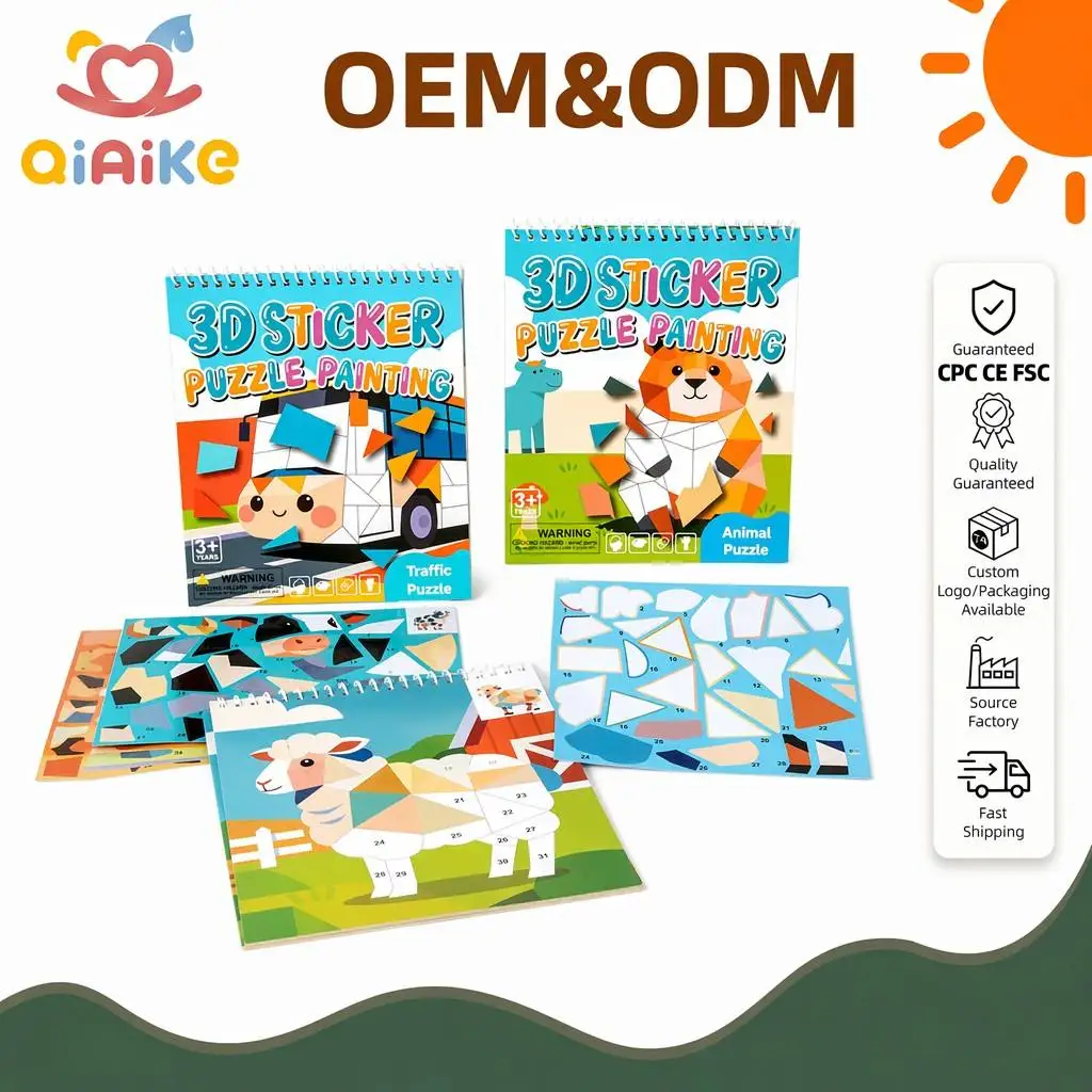 Libro attività Qiaike con sticker 3D a tema fiaba, animali, fattoria e traffico, con forme geometriche, per bambini dai 4 ai 6 anni