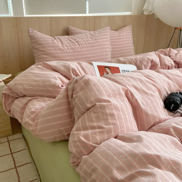 Luxury Pink Stripe Cotton Bedding Set Soft Comfortable Duvet Cover for Queen Bed Home Bedroom Decor