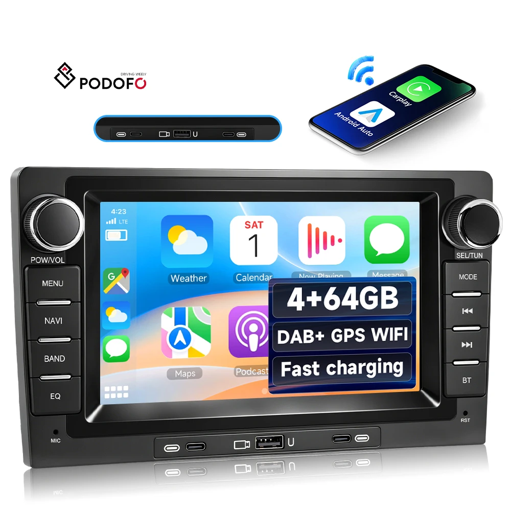 Podofo 7'' 2 Din 4+64GB Android Car Radio Audio With Wireless Carplay/Android Auto Physical Button Knob GPS 2 USB OEM Wholesale A4727