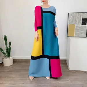Miyake Dress 2025 Summer Factory Outlet Casual Style Plus Size Dress Women Loose Stretch Printing Pleated Long Dress