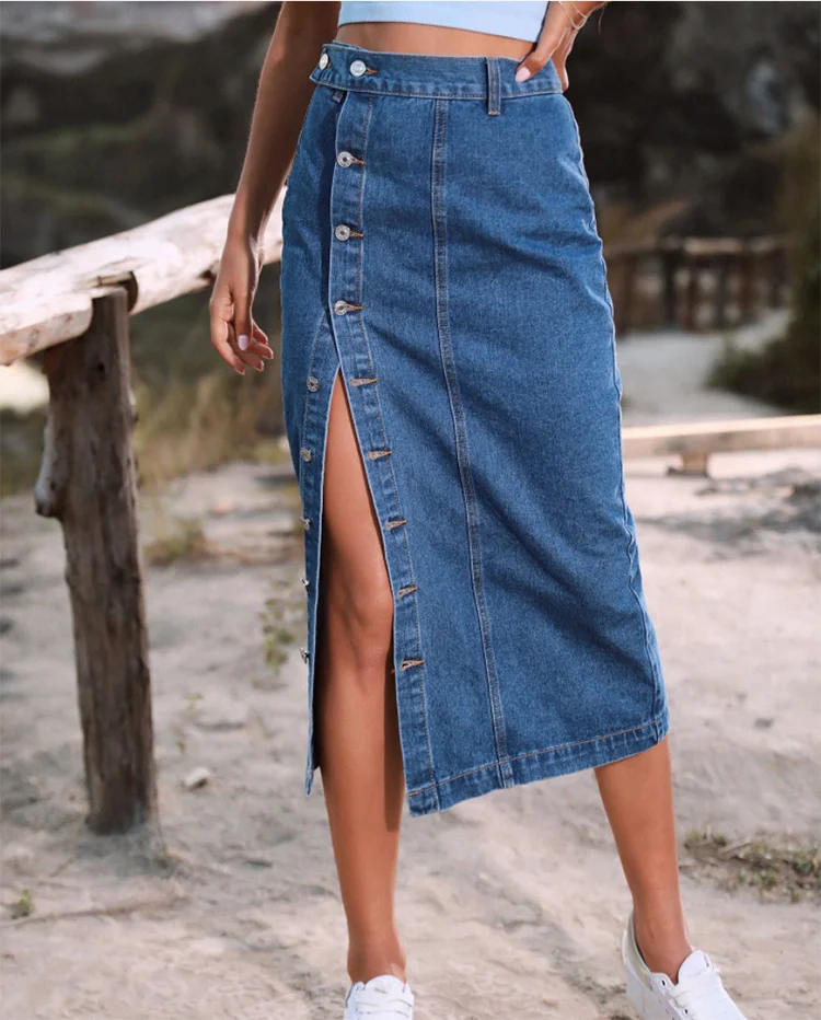 mid length denim wrap skirts