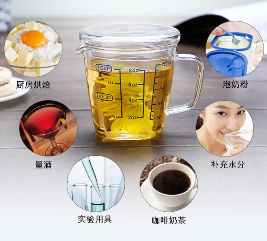 
Из высокачественного боросиликатного утолщенное стекло мерный стаканчик со шкалой молока чашки чая кухня мерный стакан мерная ложка 250 мл 