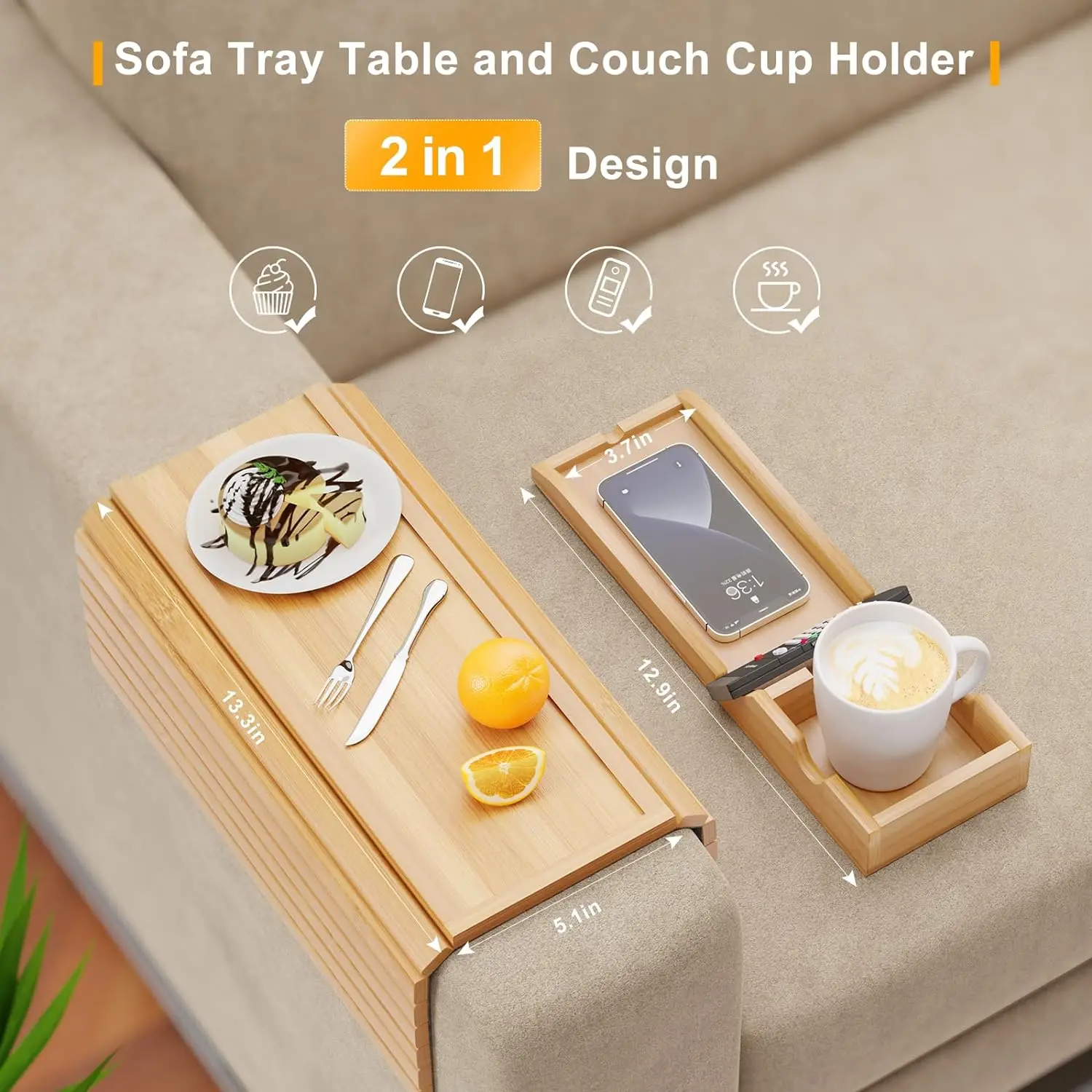 Bamboo Sofa Armrest Tray with Removable Sofa Cup Holder Part Non-slip Foldable Sofa Table Tray