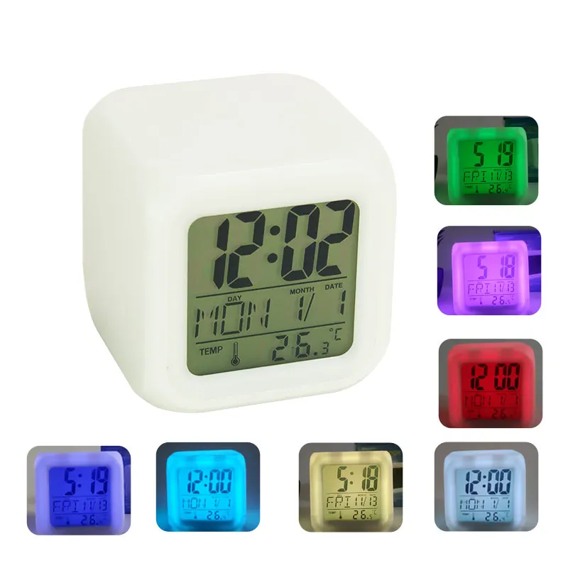 EMAF Professional Sublimation Blanks Custom Logo Plastic Cube LED Color Change Digital Alarm Clock Kids Cartoon Pattern Clock