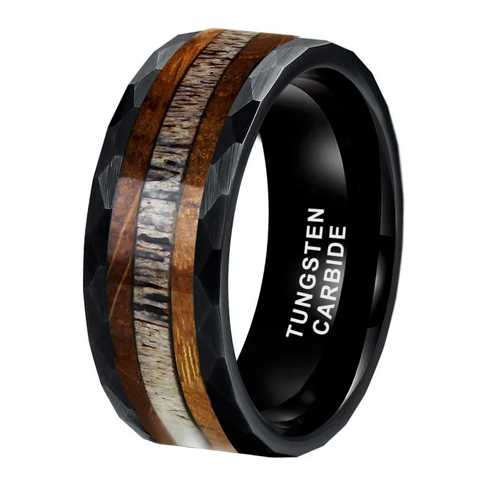 Black Tungsten Men’s Ring, Whiskey Barrel Wood with Deer Antler Inlay, Men's Tungsten Wedding Bands, Tungsten Band with Faceted 2024 Edges