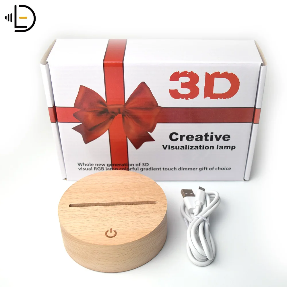 7 Color Changing RGB Round Wood Lamp Base for 3D Acrylic Visual LED Night Light USB AAA Battery Power