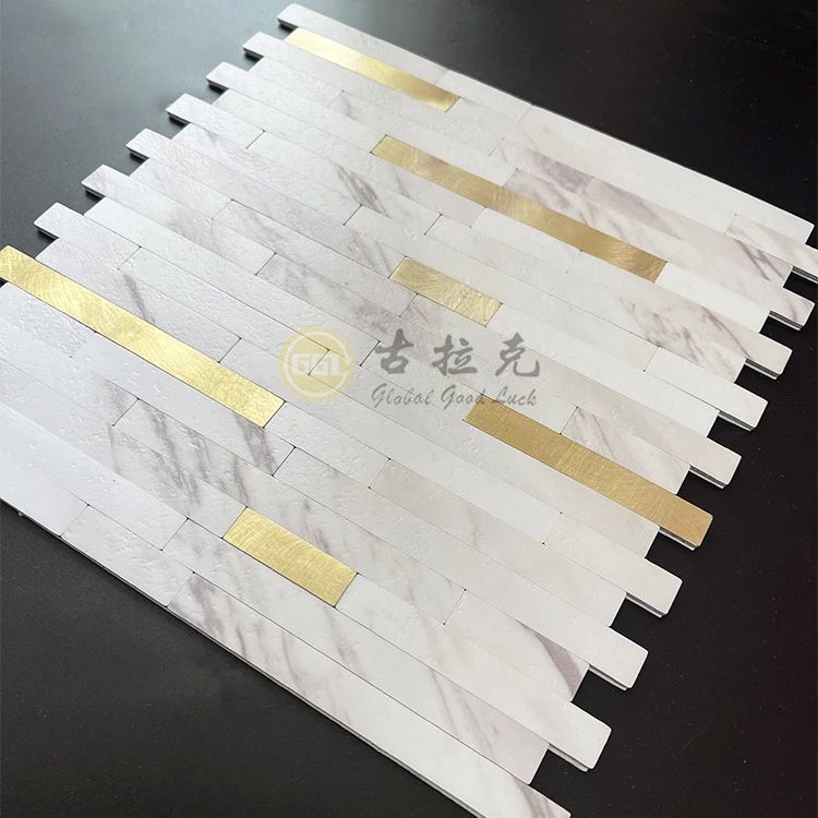 Self-Adhesive Stylish Marble Look Tile Inlay Gold Strip Aluminum Mosaic Tile for Home Decoration