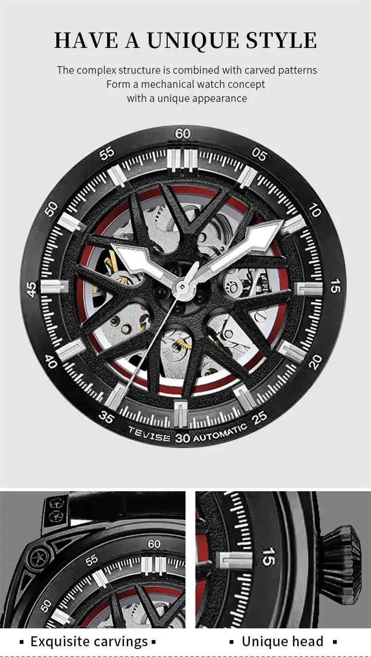 TEVISE  894G Special OEM Men Mechanical Watch ECO Genuine Leather Strap Automatic Hollow Out Luminous Business Watch Company