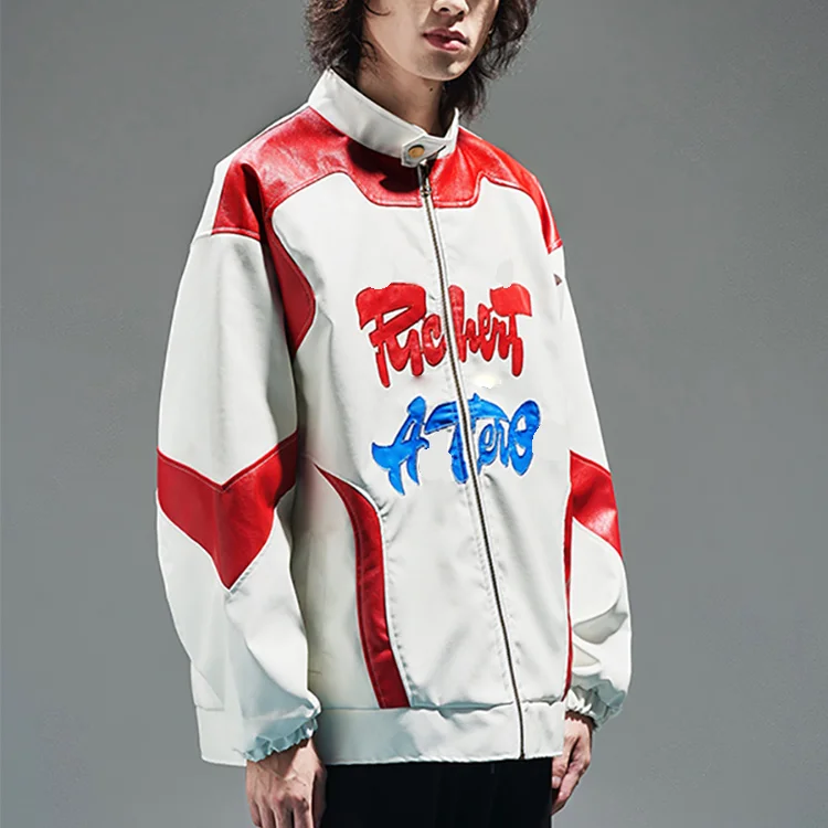 High quality custom leather men trendy lapel mens casual satin baseball jacket_voghion.com