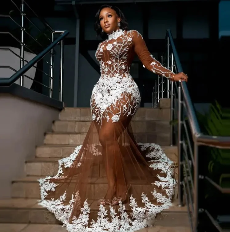 Prom Dresses for Black Women Promdress High Neck Long Sleeves Appliqued  Beads Lace Birthday Dress Reception Gown Plus Size