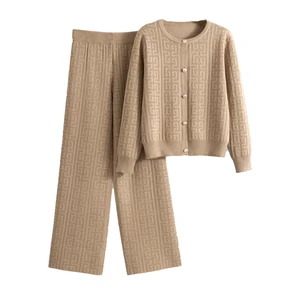 Spring and Autumn Solid Color Cardigan Knit Set Casual Knit Cardigan and Wide Leg Pants Set Knitted Two Piece Set for Women