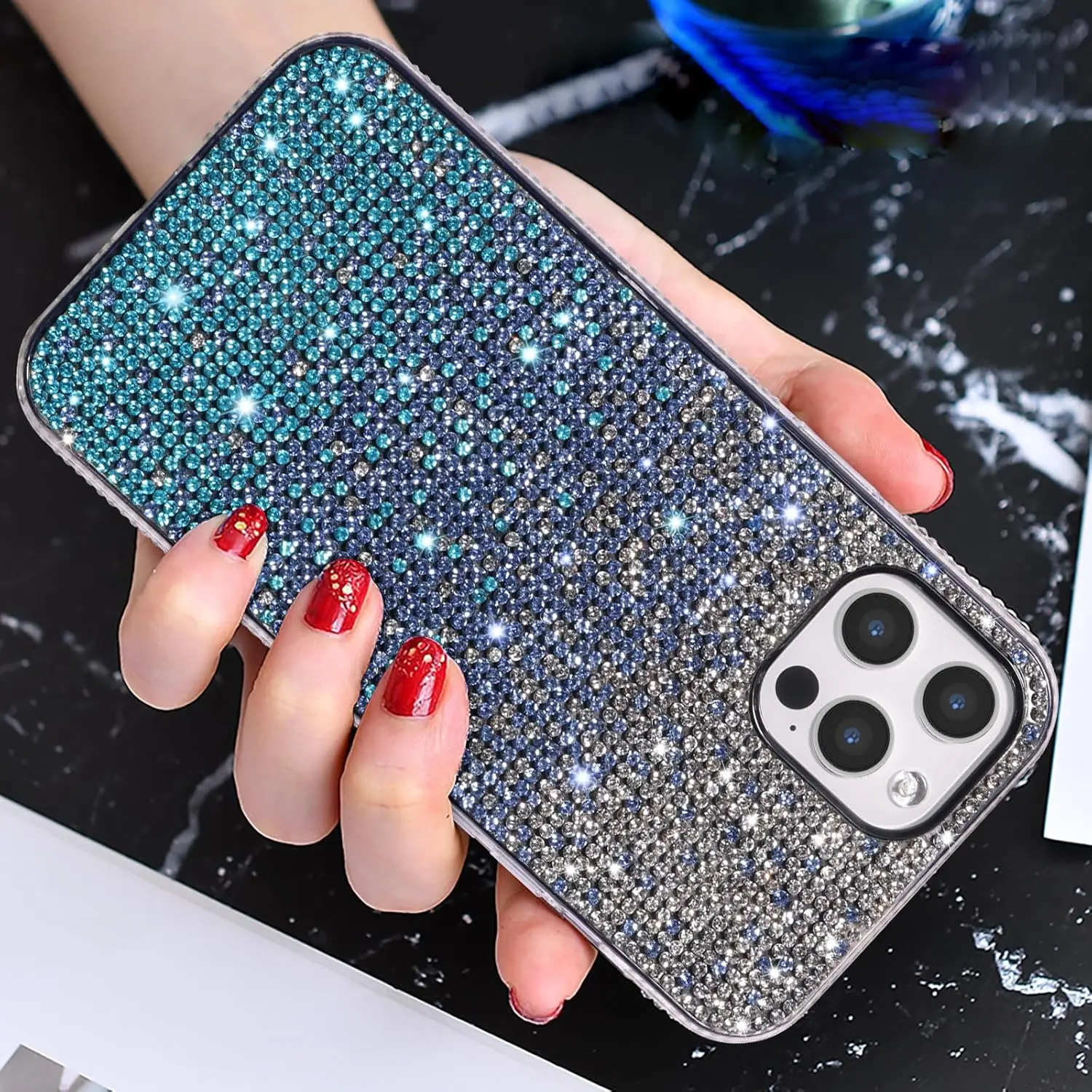 Case for iPhone 16 Pro Max Luxury Glitter Diamond Cute Gradient Cover Soft Protective Shockproof Phone Case Gradient Blue manufacture