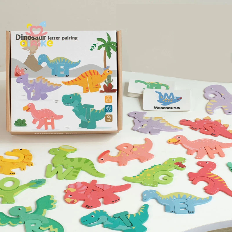 Zabawka tematyczna z dinozaurem – karty do dopasowywania liter, drewniane puzzlowe litery w kształcie dinozaurów, edukacyjne zabawki dla dzieci do nauki wczesnej