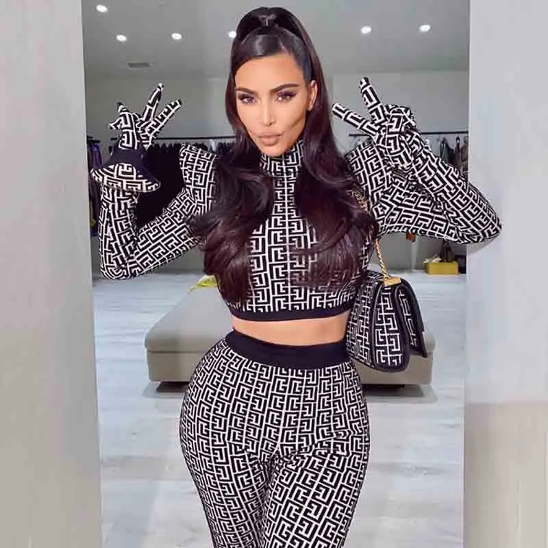 C2336 New Design Turtleneck Pattern Bodycon Two Piece Short Sets Women 2024 Women Wholesale Dress