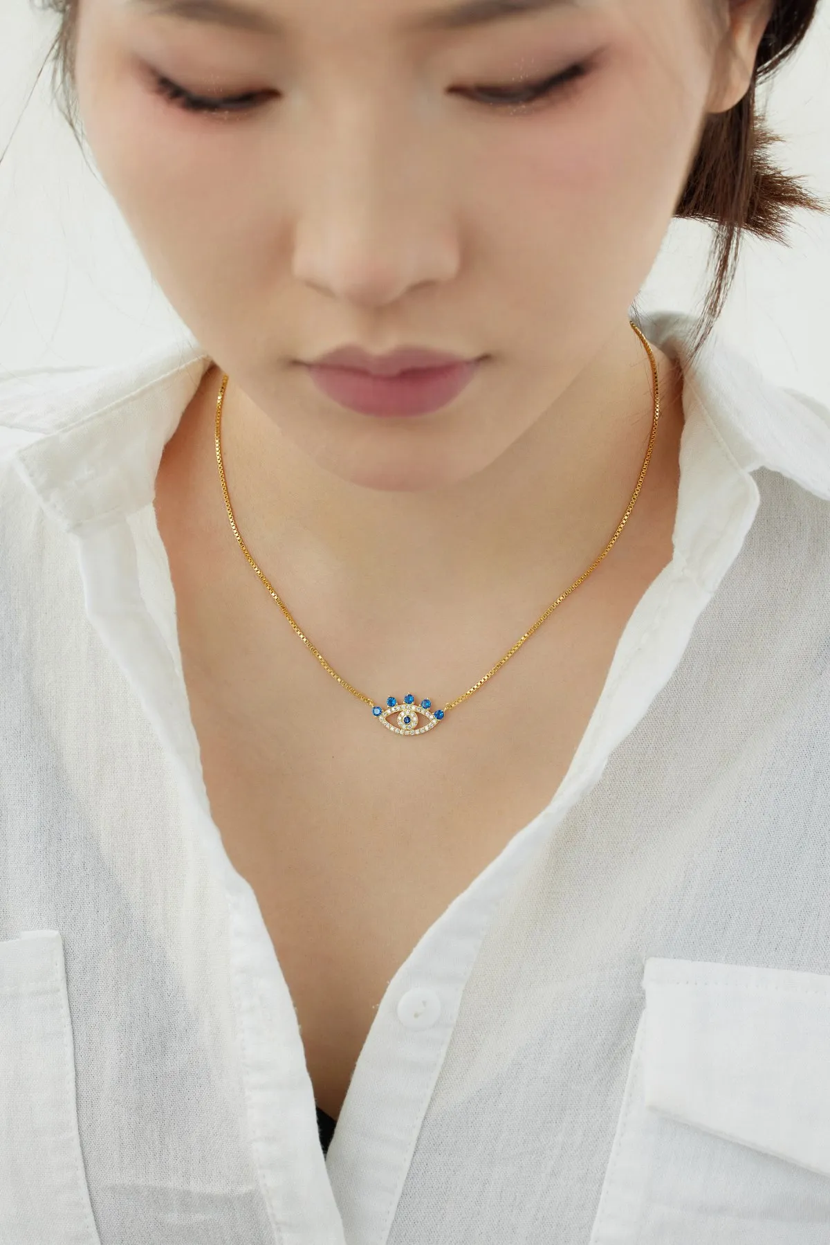 KAKODIY High Quality Cubic Zirconia Necklace 925 Sterling Silver Chain Goog Luck Blue Evil Eyes Pendant Necklace for Women detail 5