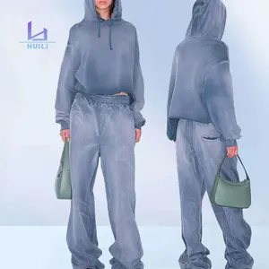 Huili Manufacturer Custom Logo Heavytweight Pullover Hooded Raw Hem Crop Top Acid Wash Tracksuit Women Sweatpants and Hoodie Set