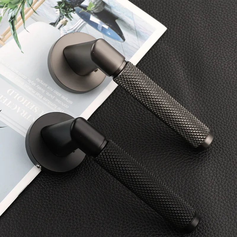 Modern Entry Door Lock Handle Set Zinc Alloy Room Interior Door Levers Matte Black Knurled Brass Door Handle for Home