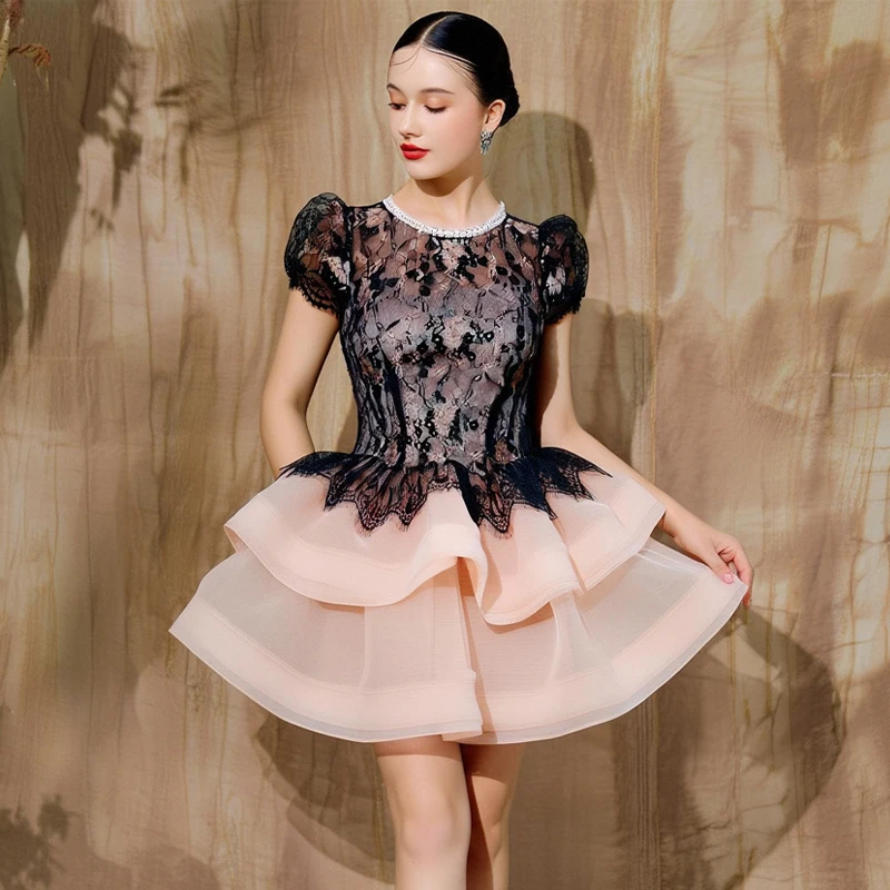 ZYHT 21689 Women's Elegant Black Lace & Blush Pink Tulle Ballgown Dress Short Sleeves Mini Flared Skirt Eco-Friendly Party Dress