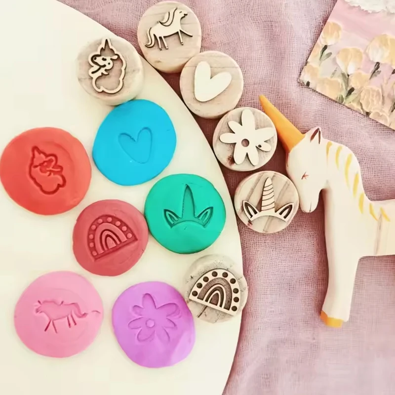 Waldorf Embossed Patterned Wooden Playdough Tool Toys Plasticine Clay Sensory Montessori Toys Wooden Playdough Stamp