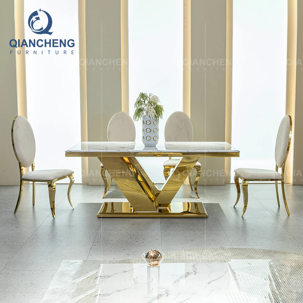Luxury Gold Dining Table With White Marble Top Banquet Table Oem Furniture Supplier Dining Table