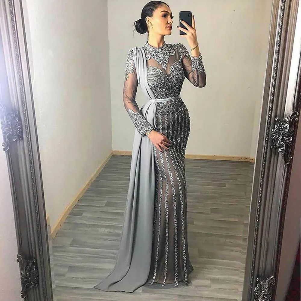 sachin and babi light blue dress Long Sleeve Modest Muslim Formal Evening Dress Coral Pink Silk main image 0