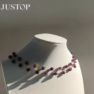 Women's Real Stainless Steel Necklace Amethyst Stone Ball Pendant Waterproof IP Choker Pin Chain Link Ultimate Power Necklace