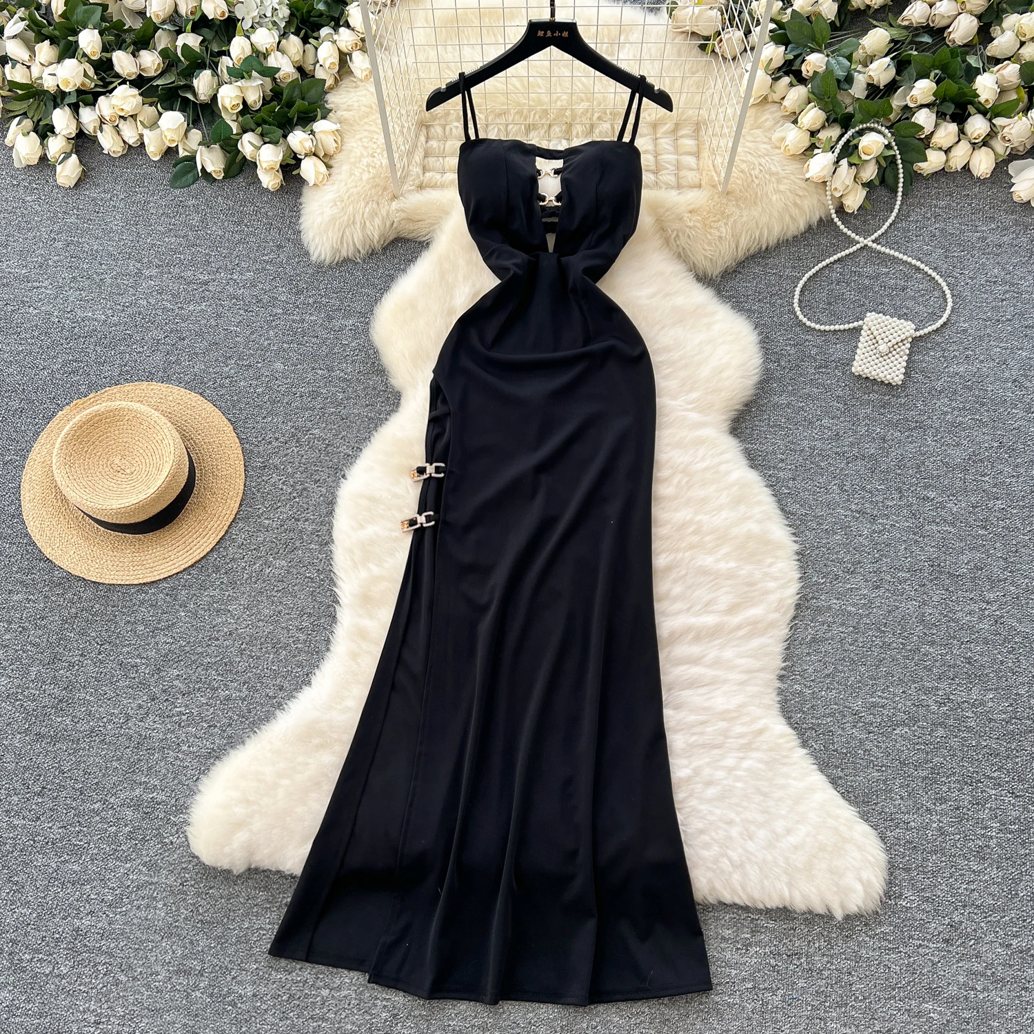 Spring Elegant Slit Tunic Casual Midi Dress For Women Hollow Out