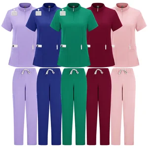 New Eco-Friendly Woven Stand Collar Zipper Scrub Suit Nurse Uniform Beauty Salon Workwear V-neck Top + Pants Two Pieces Set Spa