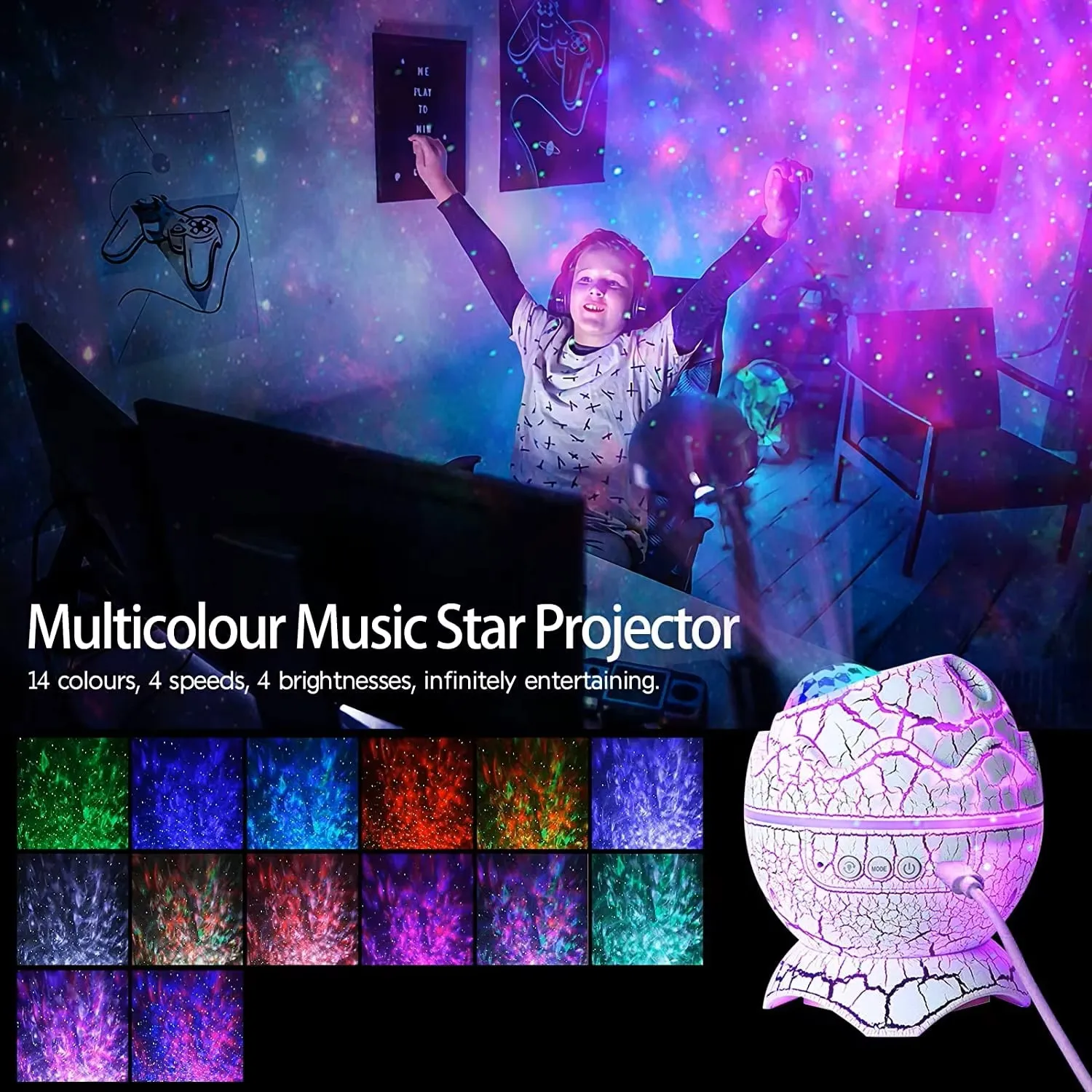 Galaxy Star Projector with Ocean Wave & White Noise Dinosaur Egg Design Music Speaker & Remote Cool Gift for Kids Bedroom